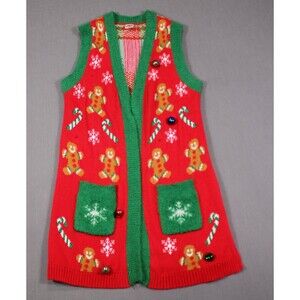 Holiday Time Christmas Long Cardigan Vest Embroidered Red Green Bells Sz S